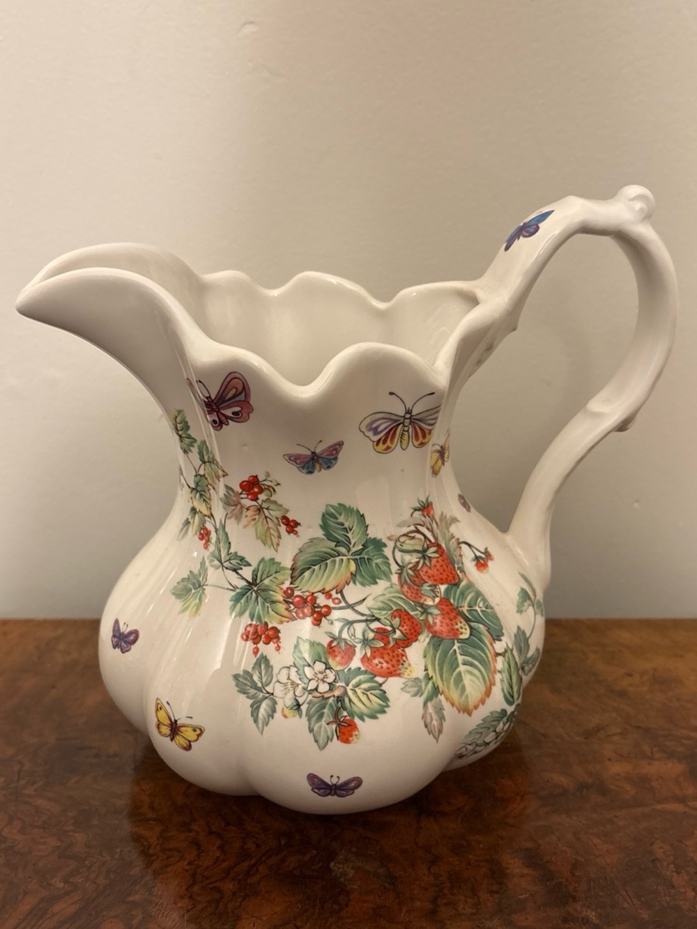 Strawberries Butterflies Floral Ceramic Pitcher Crownford Cream England Vintage
